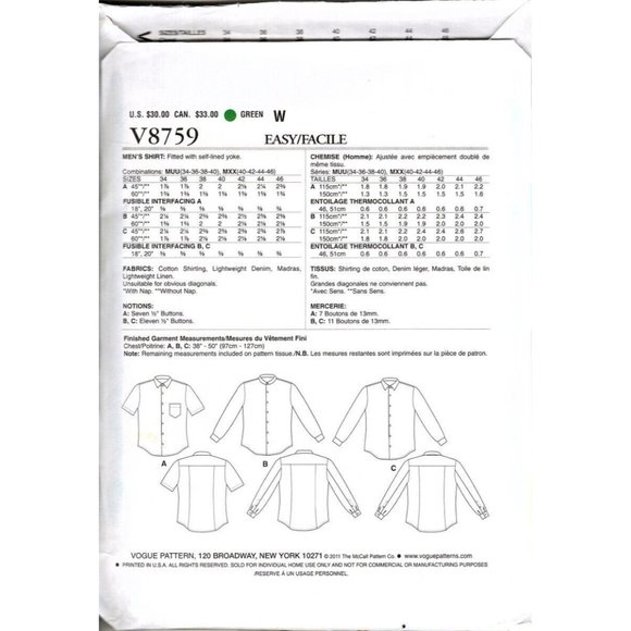 Vogue Men V8759 Mens 34 to 40 Button Up Dress Shirt Uncut Sewing Pattern - Picture 2 of 2